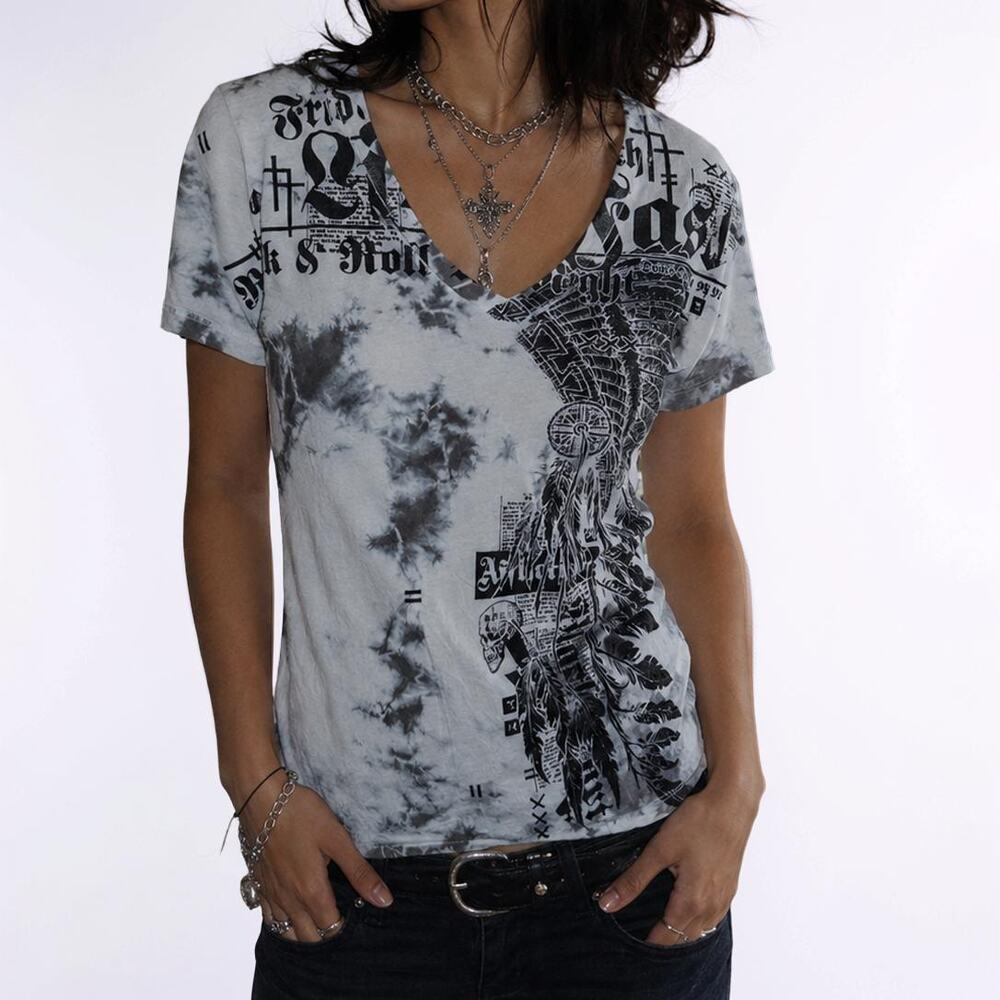 Affliction Live Fast Tie Dye Rhinestone Graphic V Neck Tee Size Small